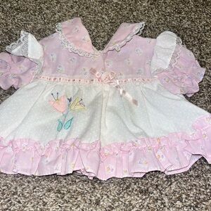 Vintage Cradle togs 0-6 Month Dress Baby Girl Pink White Flowers Lace Trim Bows